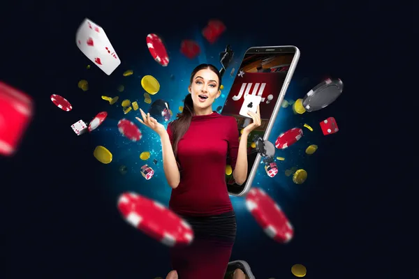 A young woman relaxing with her phone while dynamic casino elements float around her, illustrating the smooth mobile experience offered by the PAGASAS app.