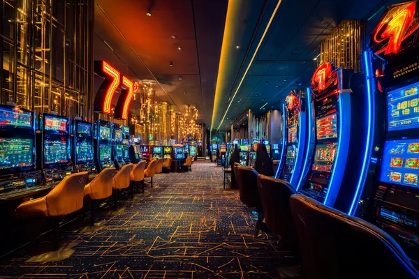 A stylish woman beside vibrant slot machines displaying glowing sevens, showcasing the variety of top slots at PAGASAS.